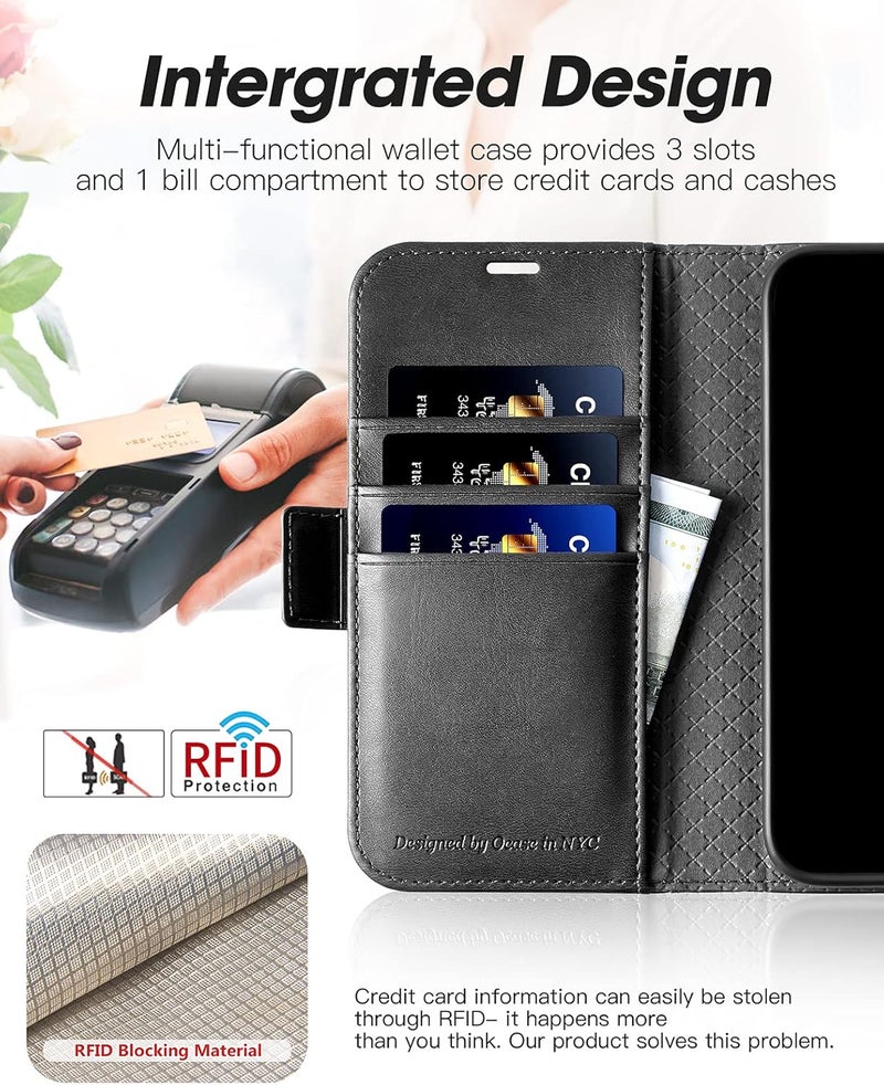 OCASE Retro Series Compatible with iPhone 13 Wallet Case with Card Holders [RFID Blocking][TPU Inner Shell ][Kickstand] PU Leather Flip Folio Shockproof Phone Cover 6.1 inch 2021 (Black) - Image 3